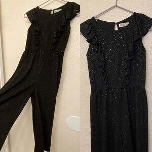 H&M black sparkly stretch cotton wide leg ruffle jumpsuit romper 8-10